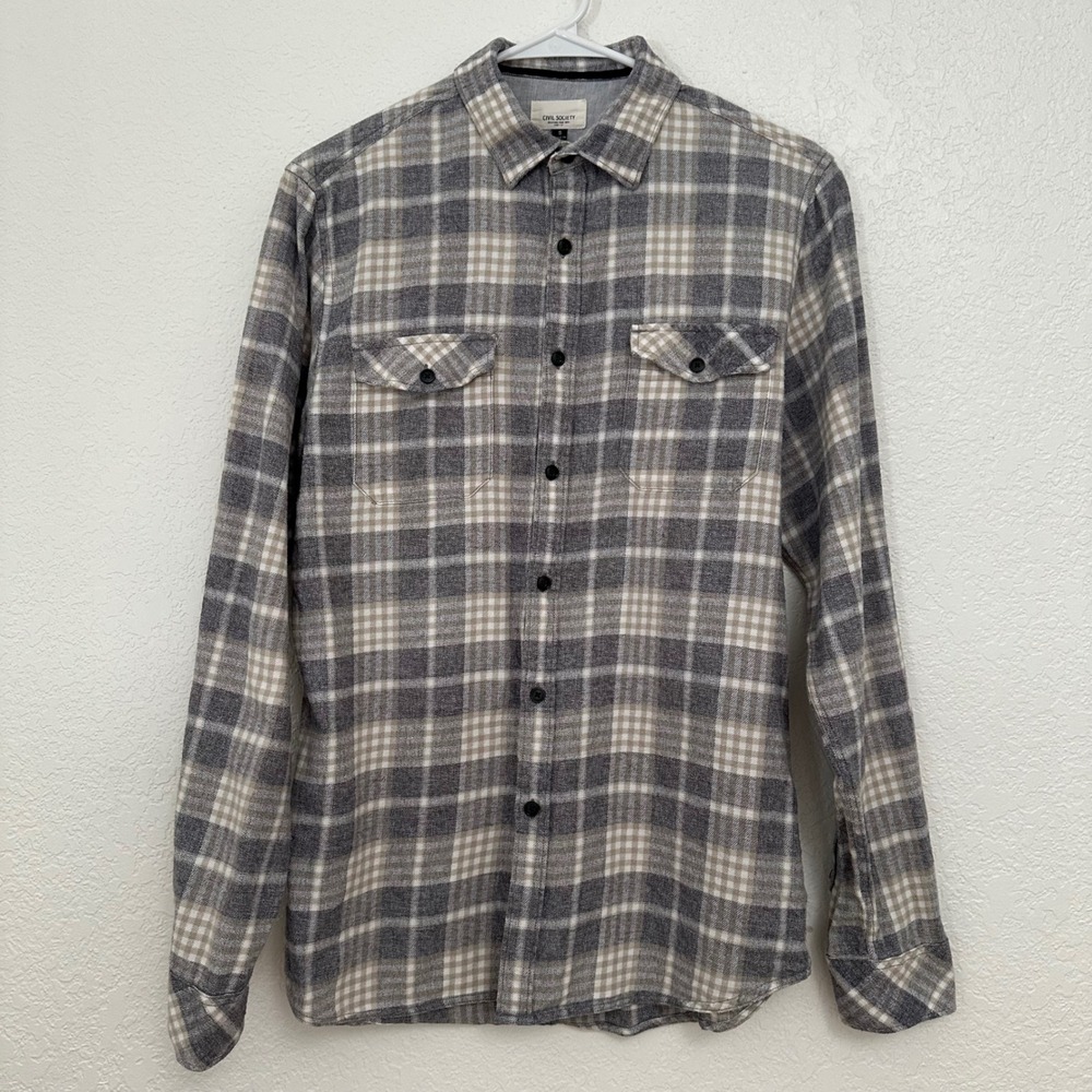 Civil Society Mens Small Gray Plaid Flannel Button Down Shirt Long Sleeve Cotton